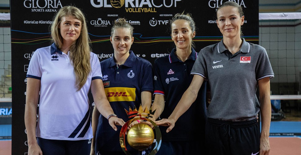 Team captains with Gloria Cup 2019 Volleyball championship trophy.